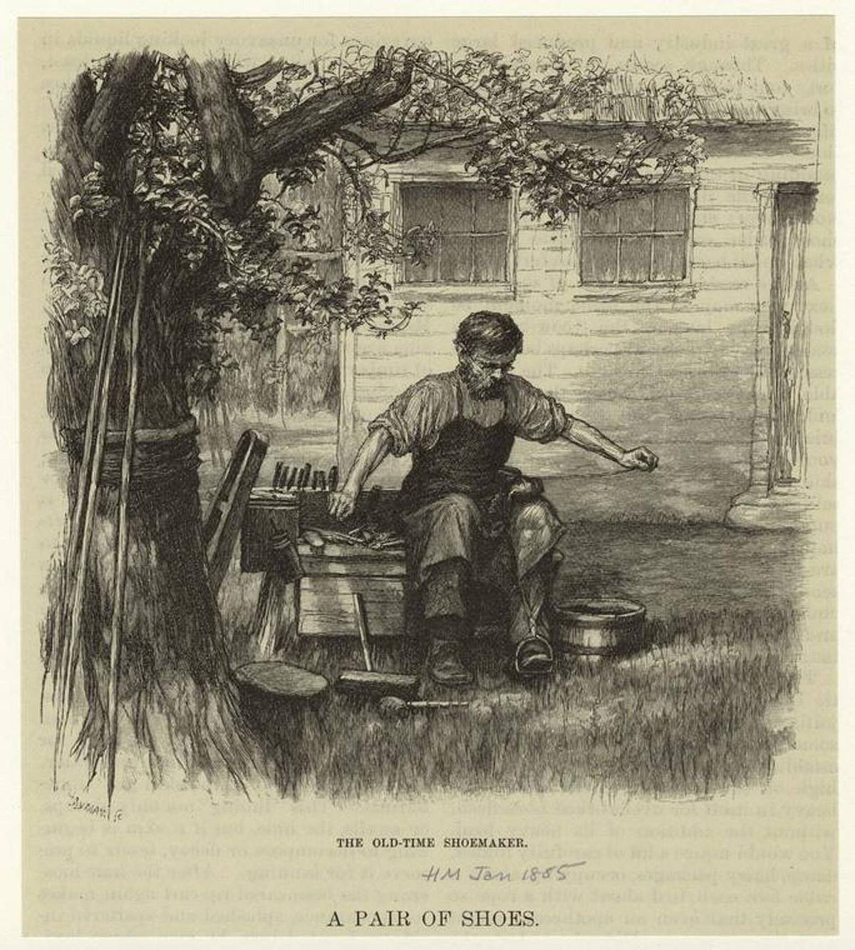 An engraving of an old-time shoemaker working at his bench.