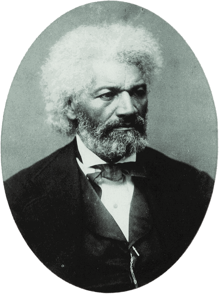 Formal portrait of Frederick Douglass, seated in a dark suit with white hair and a full beard.