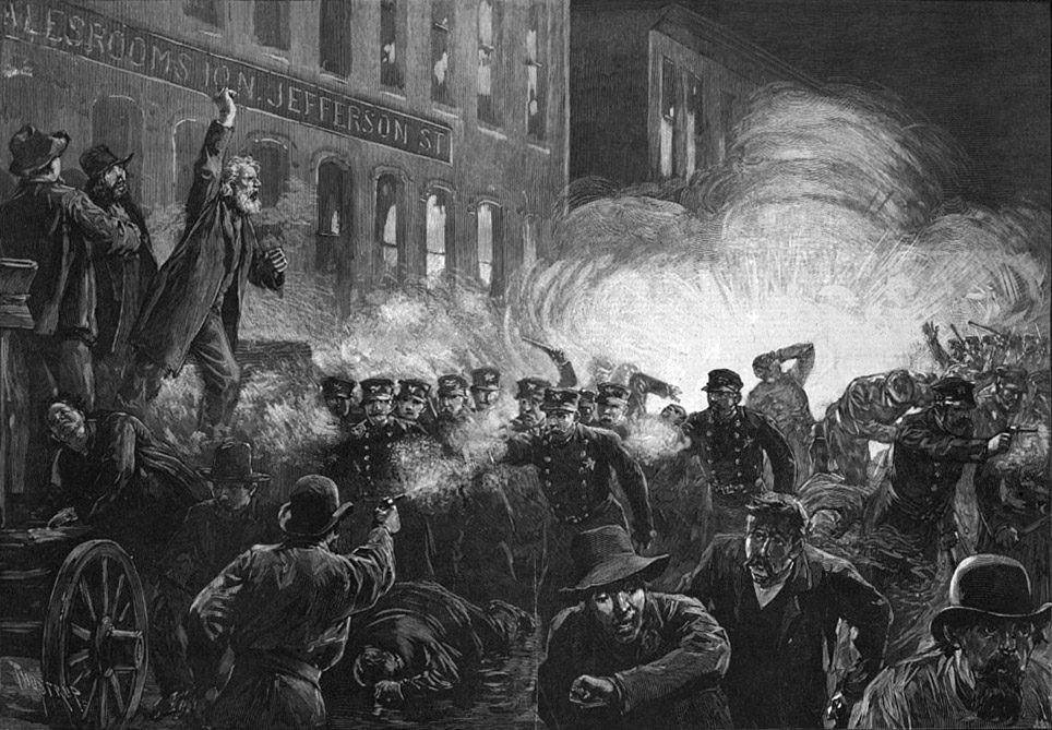 An 1886 wood engraving depicting the bomb explosion and police response at Haymarket Square.