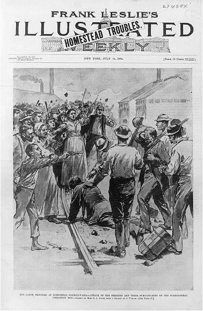 An 1892 illustration of surrendered Pinkerton agents being escorted past strikers and townspeople at Homestead.