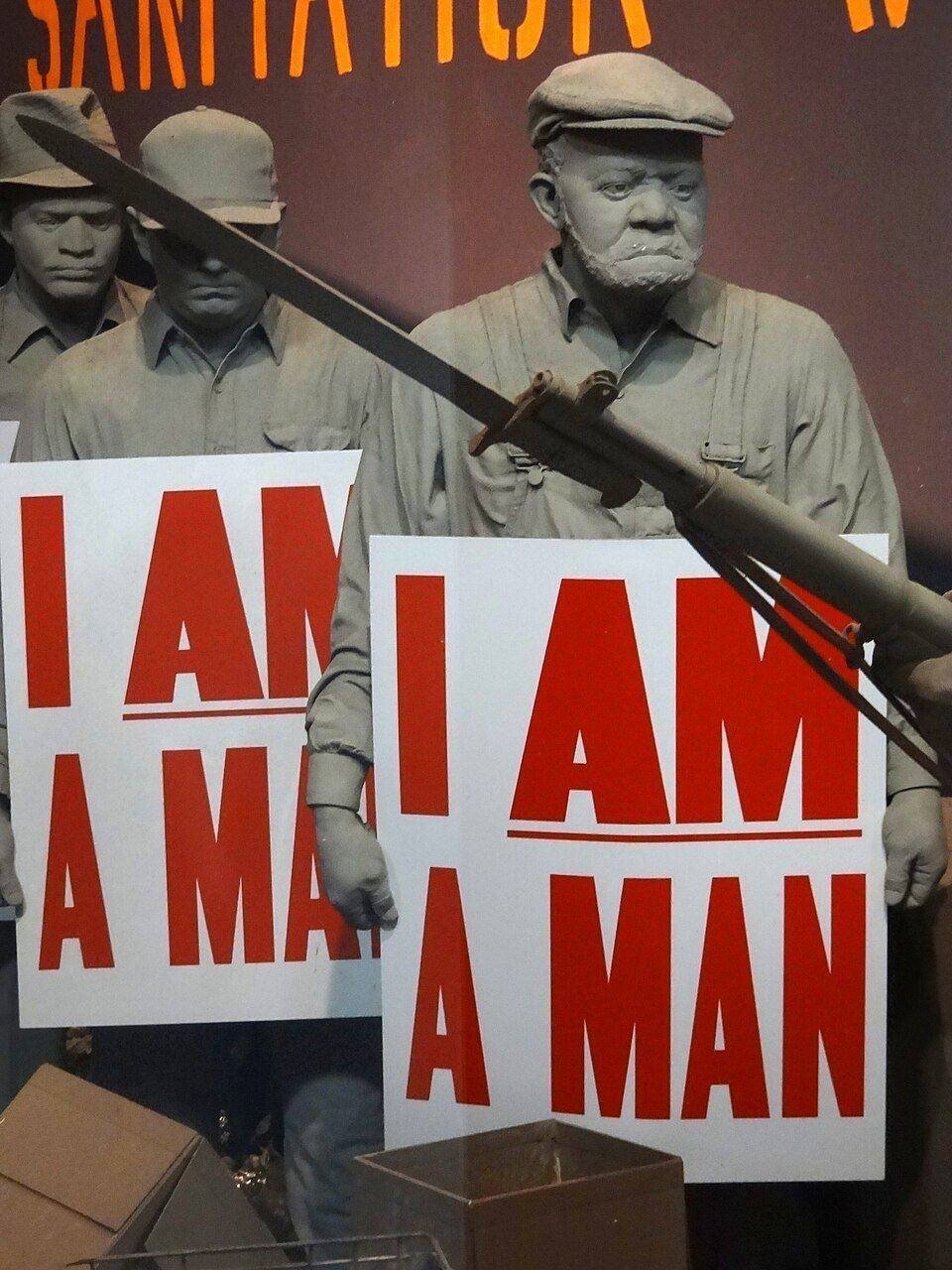 A National Civil Rights Museum installation recreating the Memphis sanitation workers’ march with I AM A MAN signs.