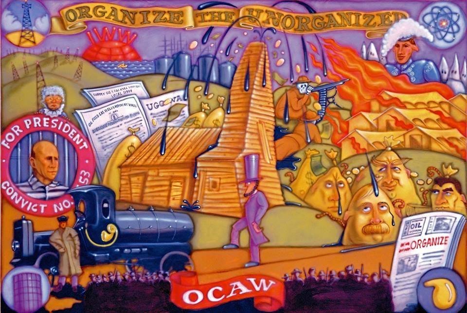 A mural about the history of the Oil, Chemical and Atomic Workers union, showing workers, industrial hazards, and the words Organize the Unorganized.