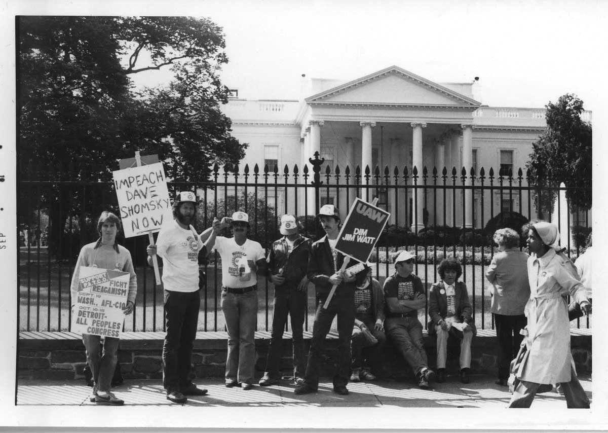 Union demonstrators holding signs outside the White House during the AFL-CIO Solidarity Day mobilization in September 1981.