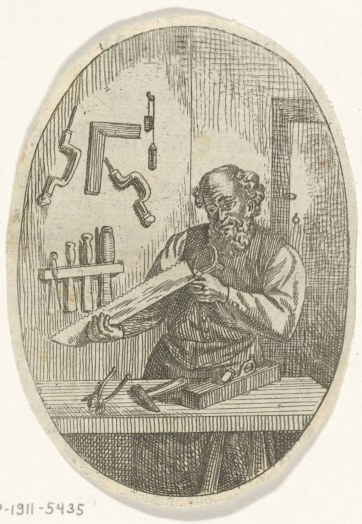 An 1830 print of a carpenter at work with hand tools.