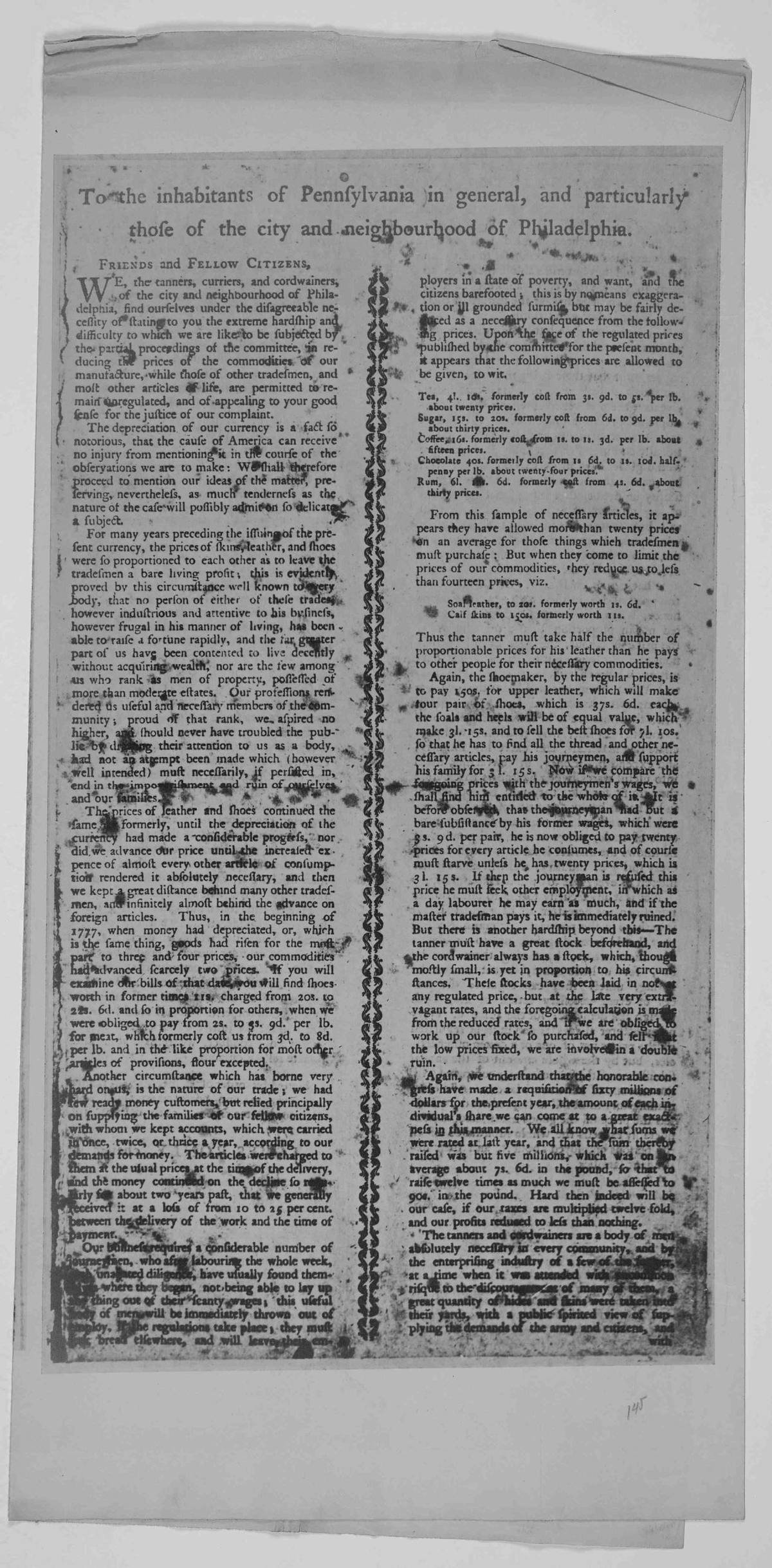 A 1779 broadside issued by organized Philadelphia trades during the Revolutionary era.