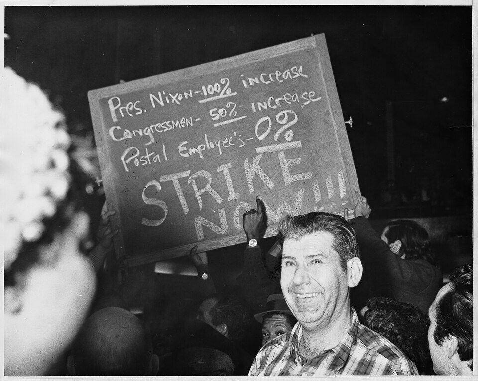 Postal workers carrying picket signs during the Great Postal Strike of 1970.