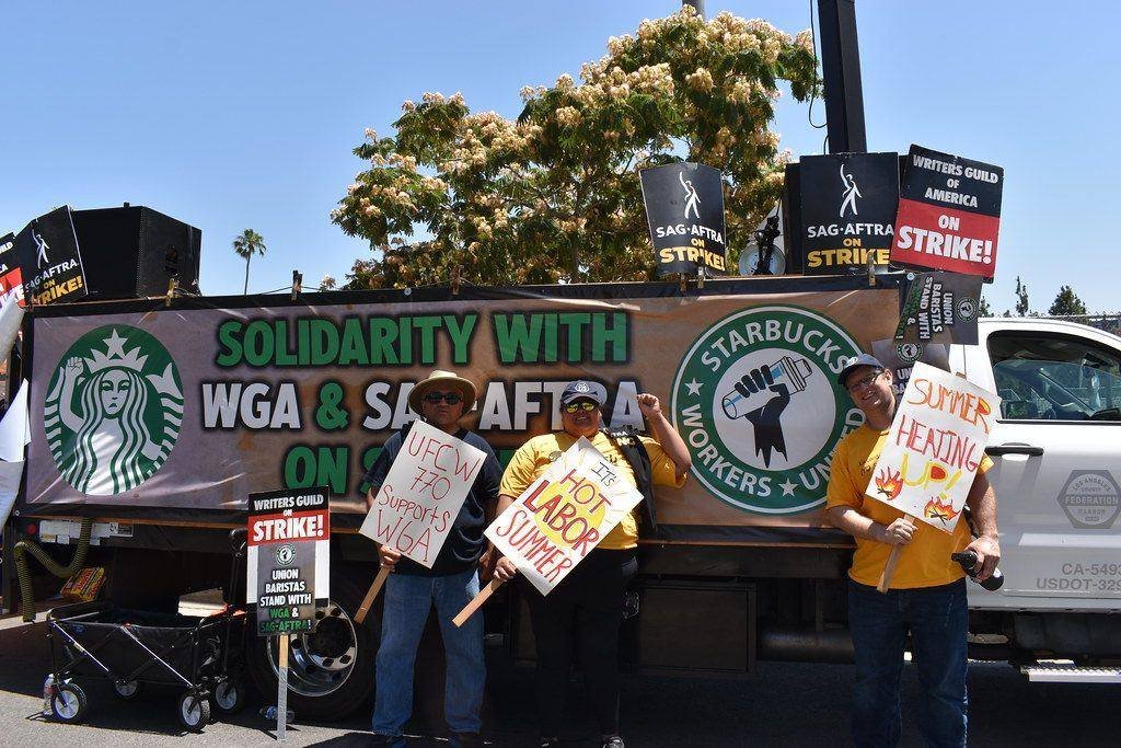 Members of UFCW Local 770 standing in solidarity with striking writers, actors, and Starbucks workers in 2023.