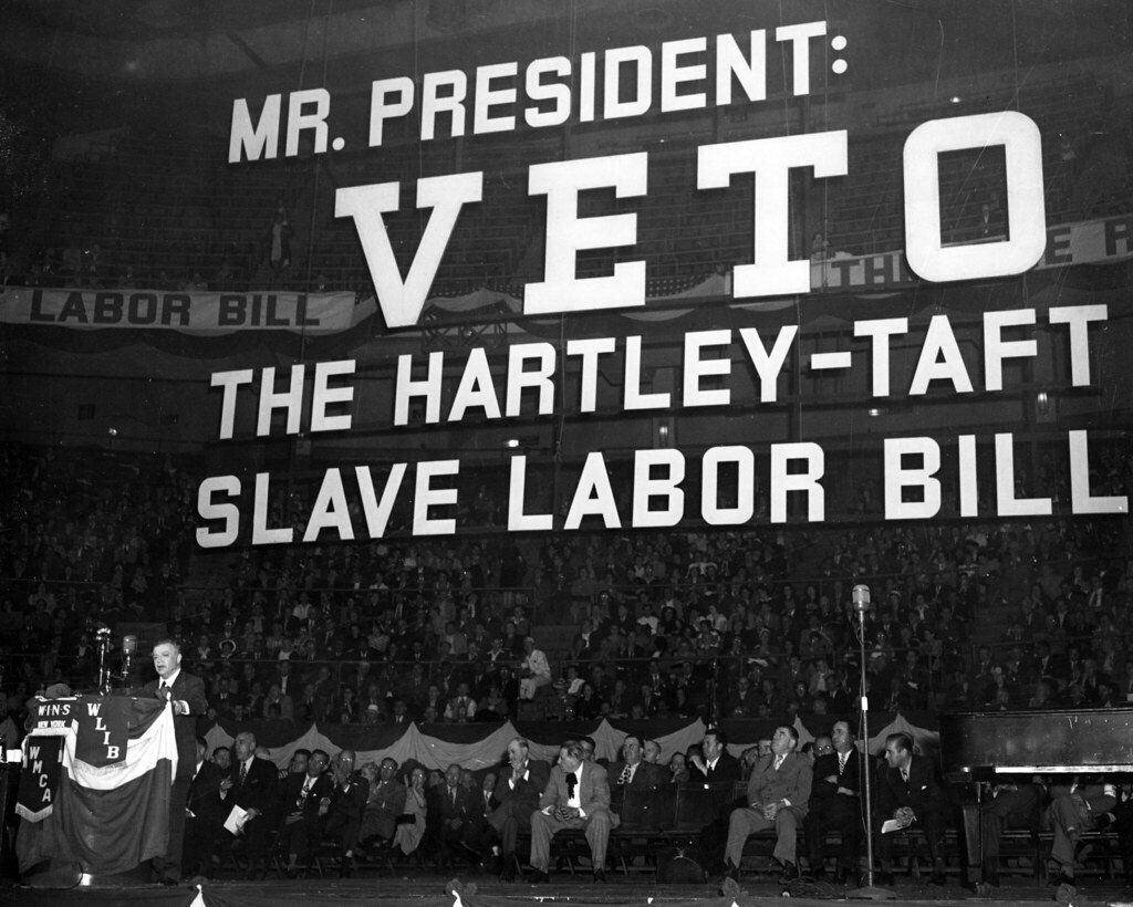 International Ladies’ Garment Workers’ Union president David Dubinsky speaking against the Taft–Hartley bill in 1947.