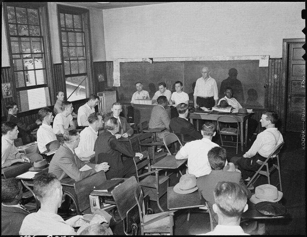 Members of a United Mine Workers local holding a Sunday union meeting in a Kentucky schoolhouse during the 1940s.